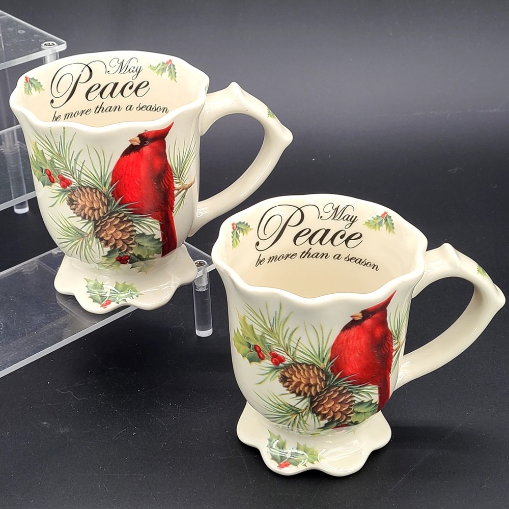 2 Cracker Barrel Season of Peace Cardinal Pinecone Footed Ceramic Christmas Mug